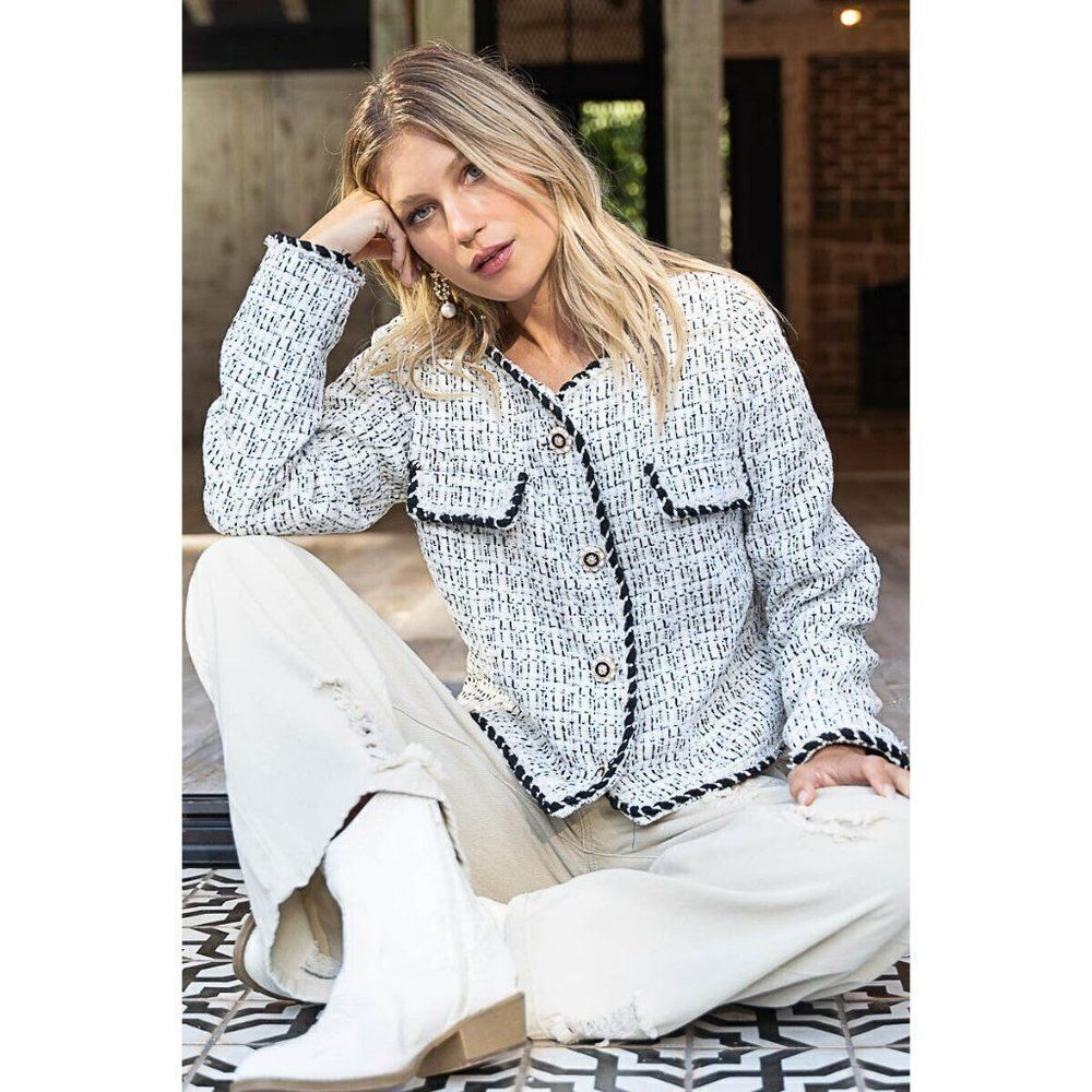 POL CLOTHING Luxe Women's Sweater Cardigan Black White Button Up New FWJ190 - Picture 4 of 10